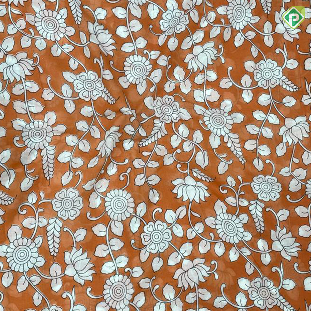 Honey orange multi color kalamkari printed design contrast pink gold zari border fancy cotton saree