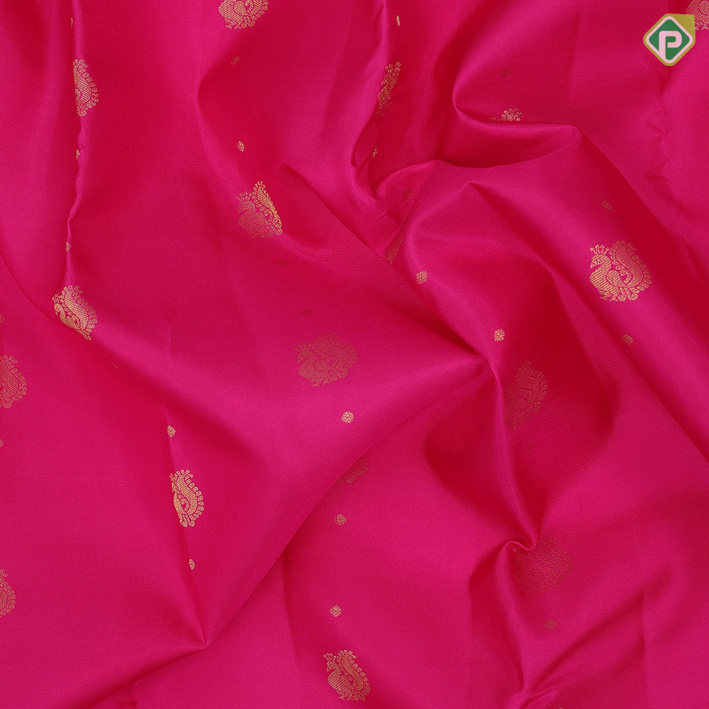 Rose pink gold zari peacock beads lines design self gold zari mayilkan flower butta border gift silk saree