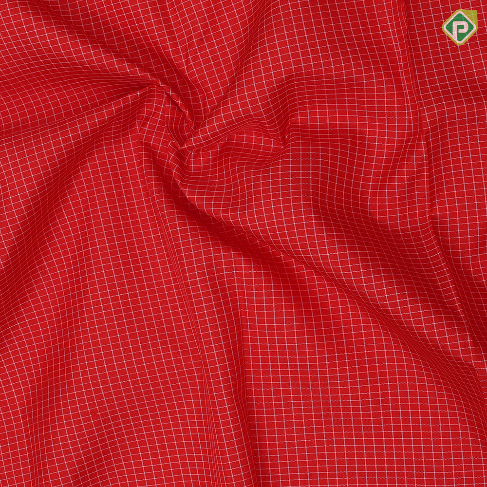 Tomato red cream white checked design Self color gold zari turning border traditional silk saree