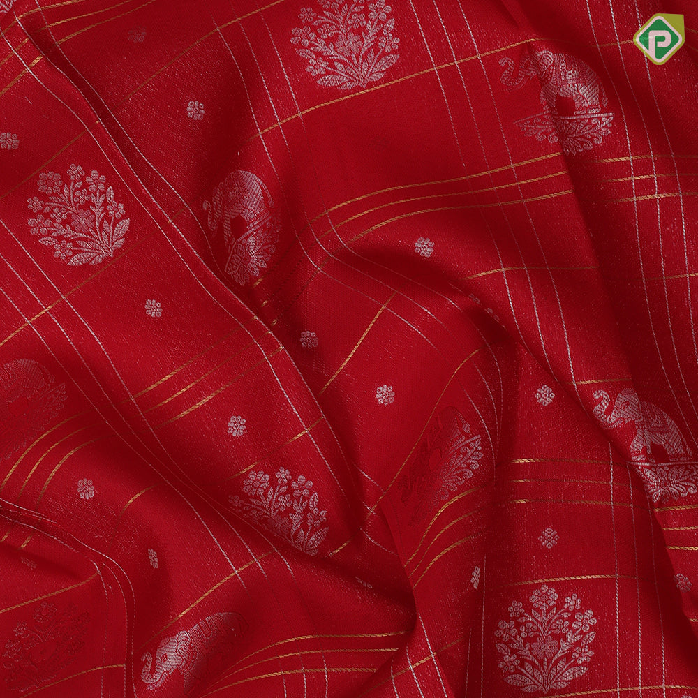Tomato Red Silver Zari Elephant Flower Checked Design Self Colour Gold Zari Temple Border Design Traditional Silk Saree