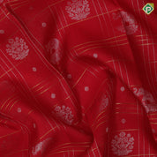 Tomato Red Silver Zari Elephant Flower Checked Design Self Colour Gold Zari Temple Border Design Traditional Silk Saree
