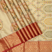 Mustard gold Radhe Krishna Meena work design contrast red gold zari double peacock butta border signature silk saree