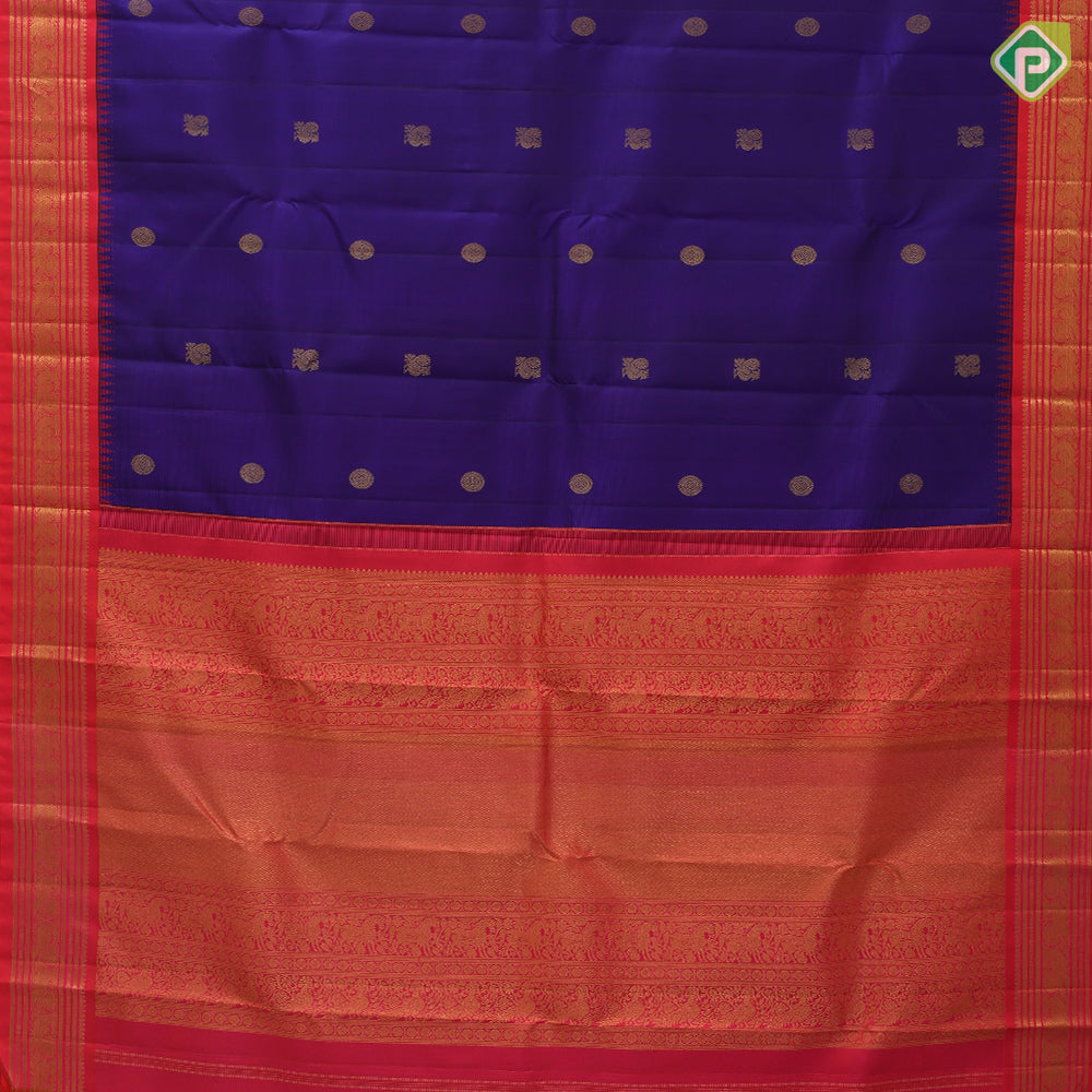 Navy Blue Gold Zari Chagaram Peacock Design Tomato Red Ruthracham Peacock Border Design Traditional Silk Saree