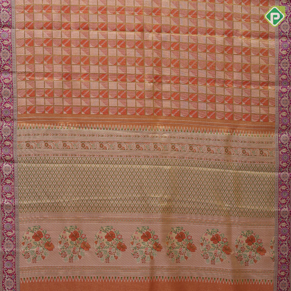 Honey orange silver zari filled gold zari checks geomatical design purple pythoni border bridal silk saree