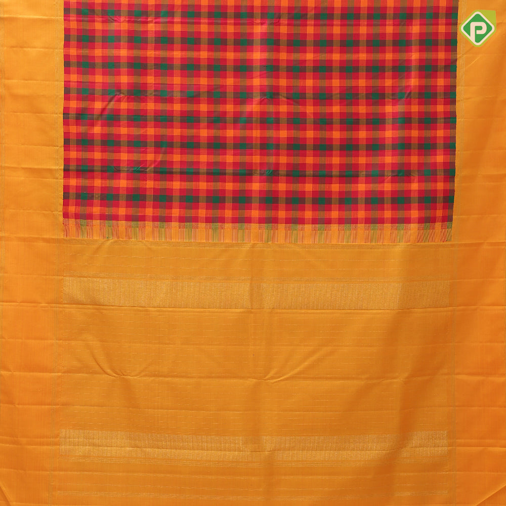 Brighten multi color checks design mango yellow gold zari retta pett border paalum pazhamum traditional silk saree