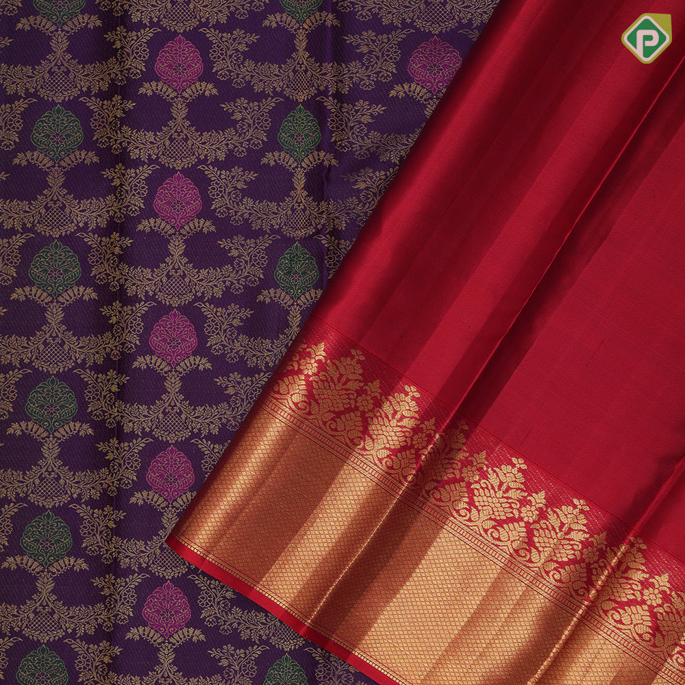 Purple blue gold zari meena work grand creeper design rani red gold zari mayilkan fancy floral border grand bridal silk saree