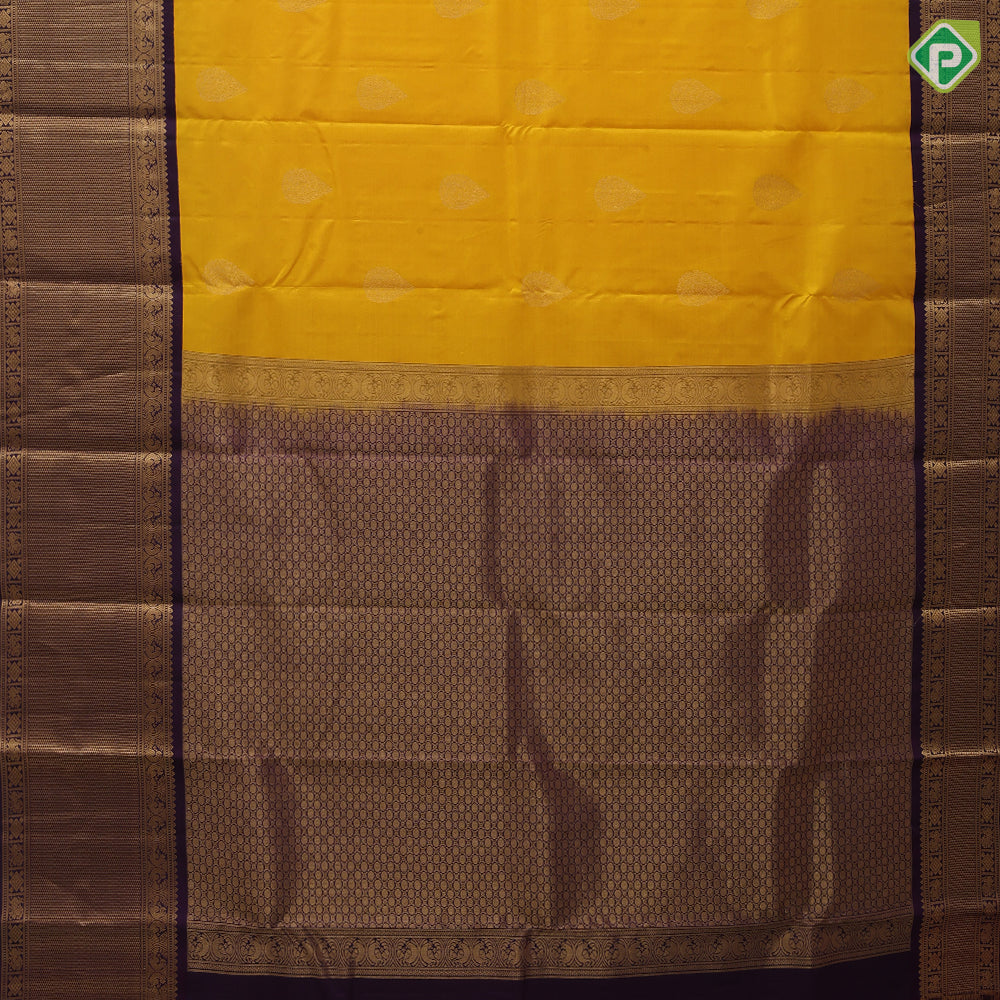 Mango yellow gold zari thilagam butta design violet gold zari mayikan border traditional silk saree