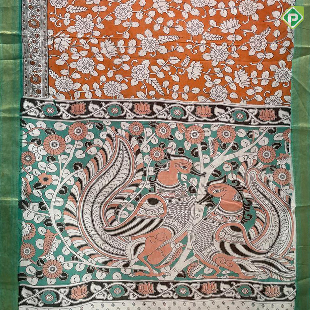Honey orange multi color kalamkari printed design contrast pink gold zari border fancy cotton saree
