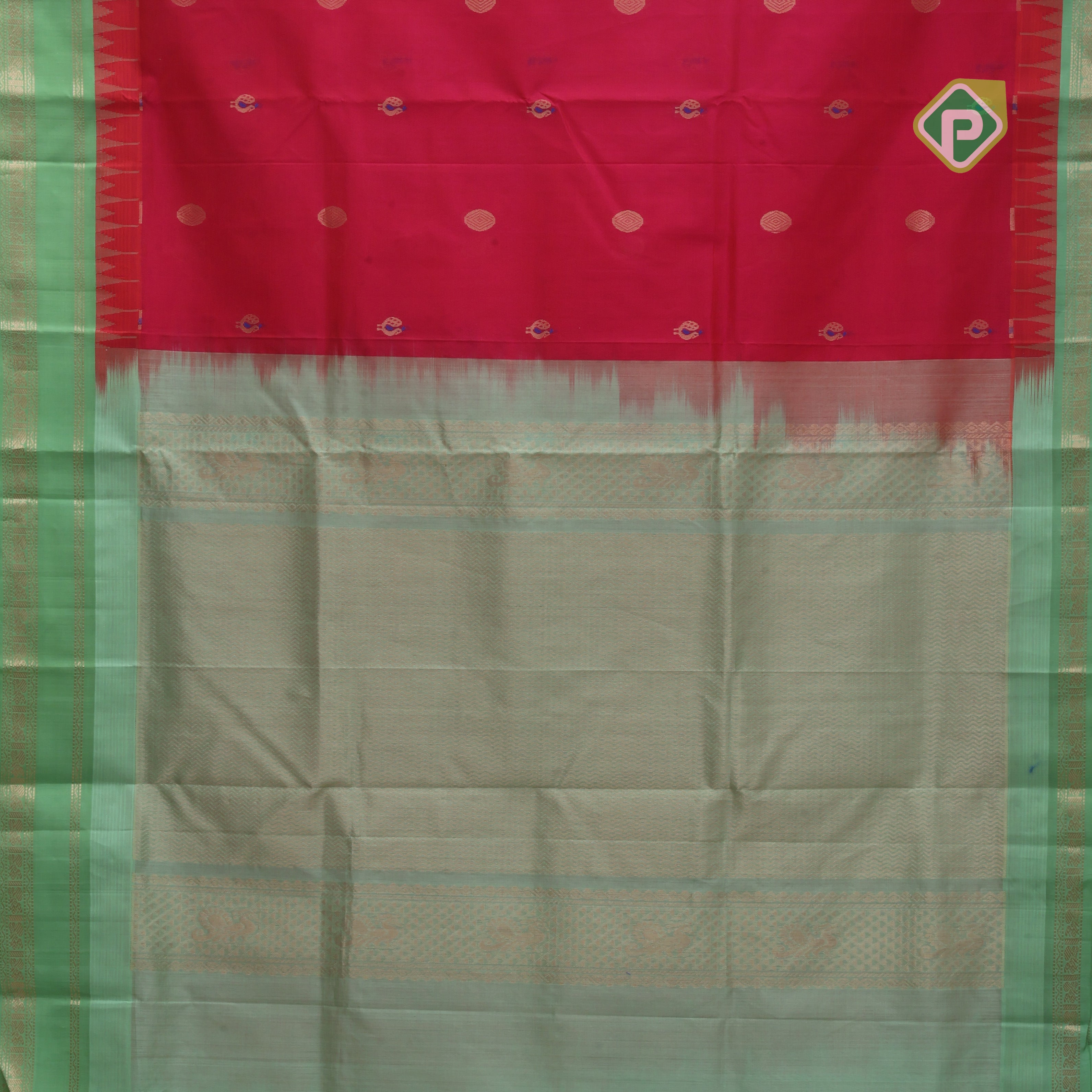 Rani pink with zari butta meena work pista green gold zari border kuppadam silk cotton saree