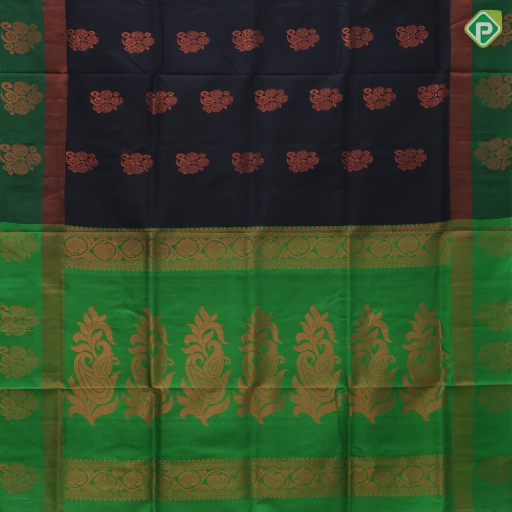Black with copper zari fancy butta design contrast green copper zari border padded border soft silk saree