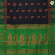 Black with copper zari fancy butta design contrast green copper zari border padded border soft silk saree