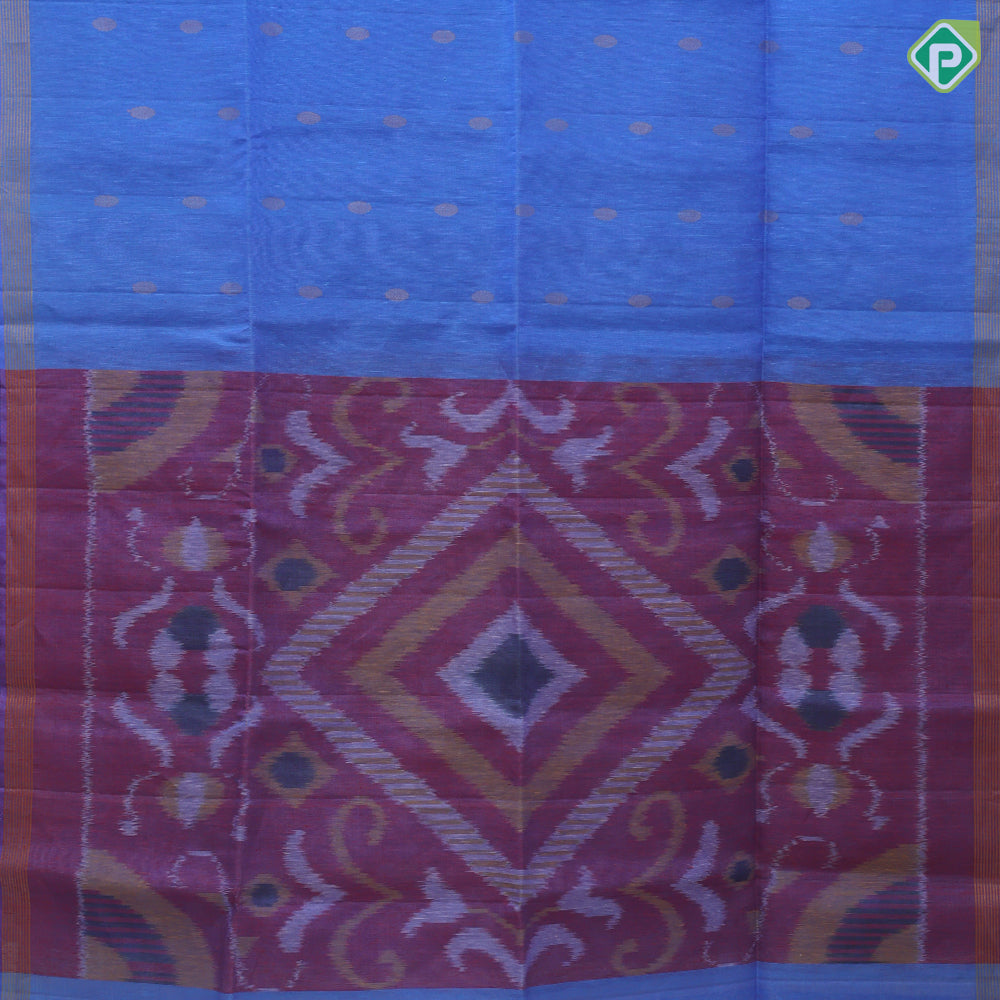 Cornflower blue gold zari chakkaram butta motifs self gold zari lines Ikkat design pallu concept linen soft silk saree