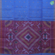 Cornflower blue gold zari chakkaram butta motifs self gold zari lines Ikkat design pallu concept linen soft silk saree