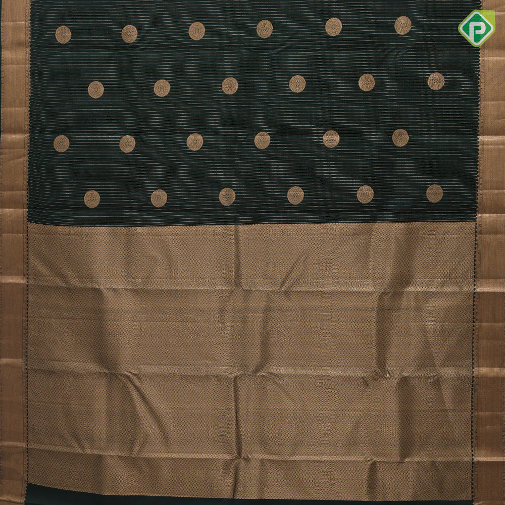 Bottle Green Gold Zari Vairaoosi Lines Chagara Design Self Colour Ruthracham Mayilkan Border Design Traditional Silk Saree