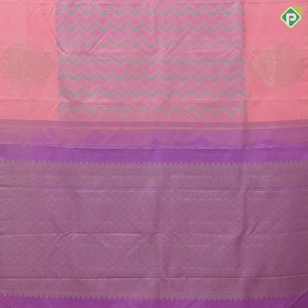 Light pink multi color thread work zig zag design self gold zari big fancy floral butta motifs border trendy designer silk saree
