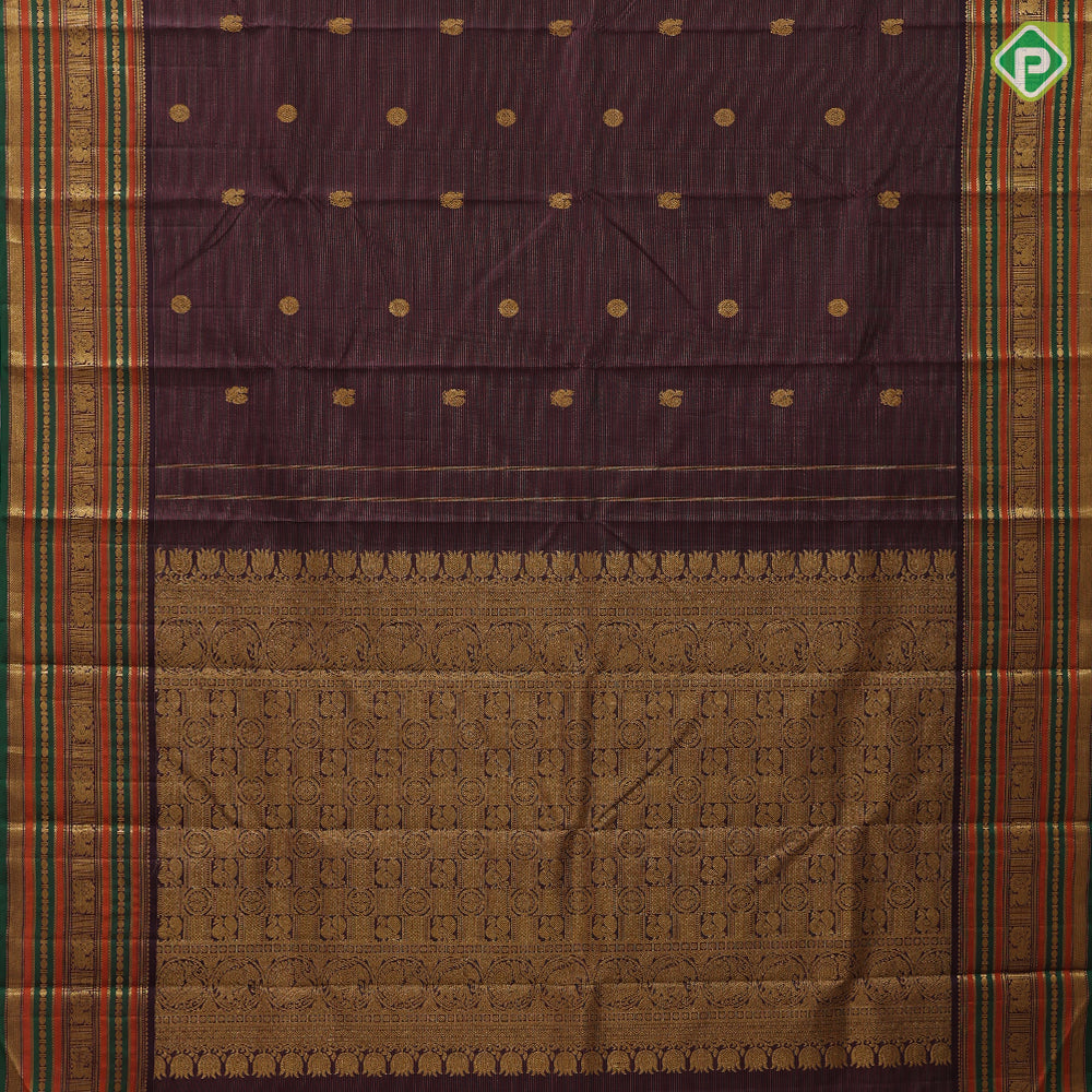 Dark claret red gold zari vairaoosi chakkaram butta motifs self gold zari multi color lines green edge border retro silk saree