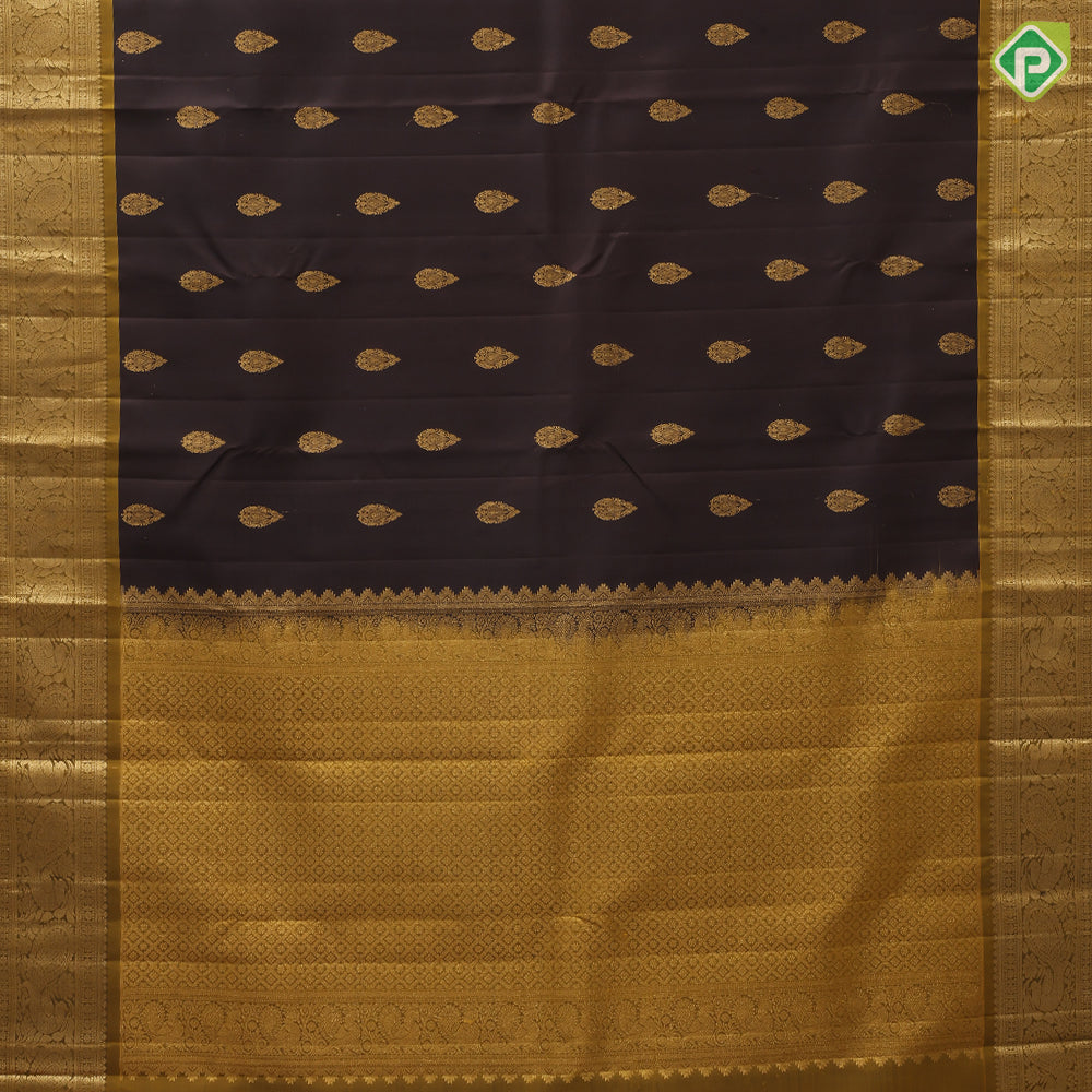 Coffee Brown Gold Zari Thilagam Butta Design Camel Colour Peacock Border Design Pure Mix Silk Saree