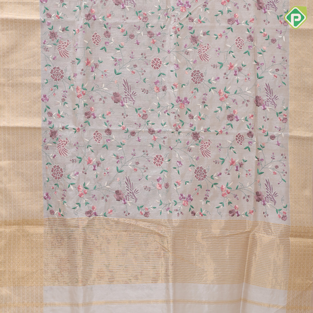 cream base multi color floral embroidered design peach cream gold zari star diamond lines border kora silk saree
