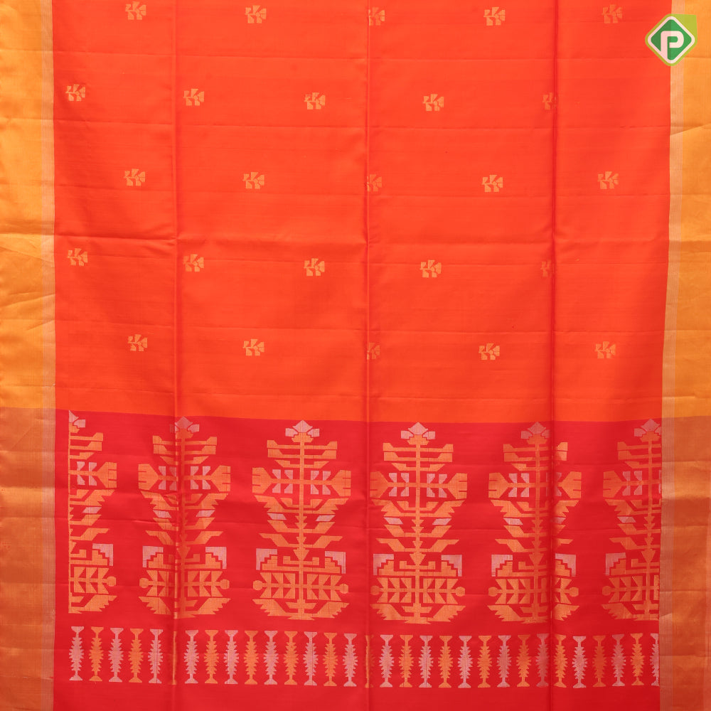 Honey orange gold zari fancy leaf butta design self gold zari border soft silk saree