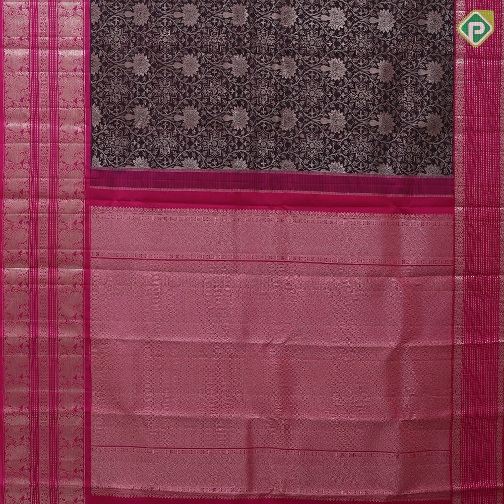 Walnut copper zari meena work grand creeper design rose pink silver zari peacock butta lines border grand bridal silk saree