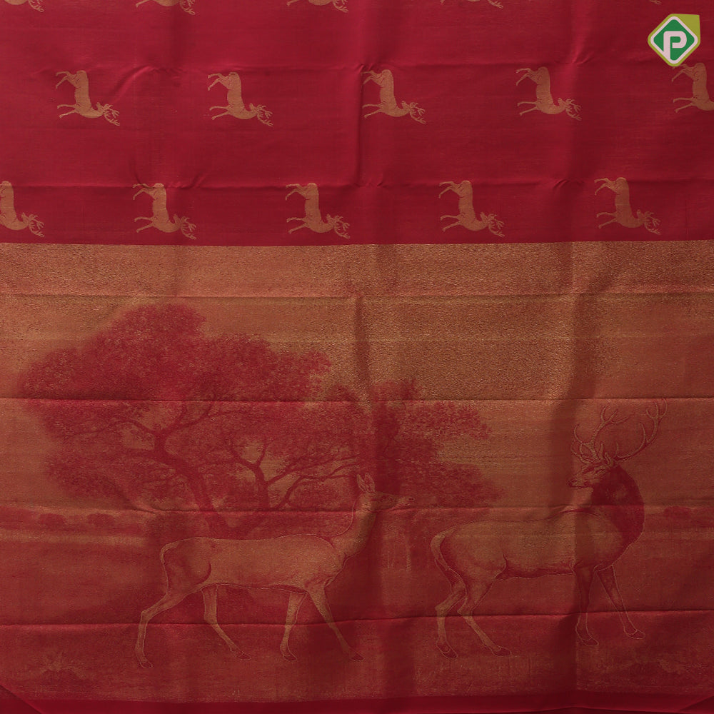 Maroon red gold zari wild deer butta design borderless pallu wild effect weaved design signature silk saree