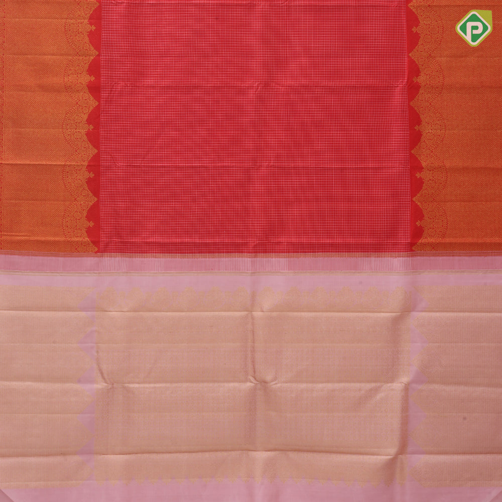Tomato red cream white checked design Self color gold zari turning border traditional silk saree
