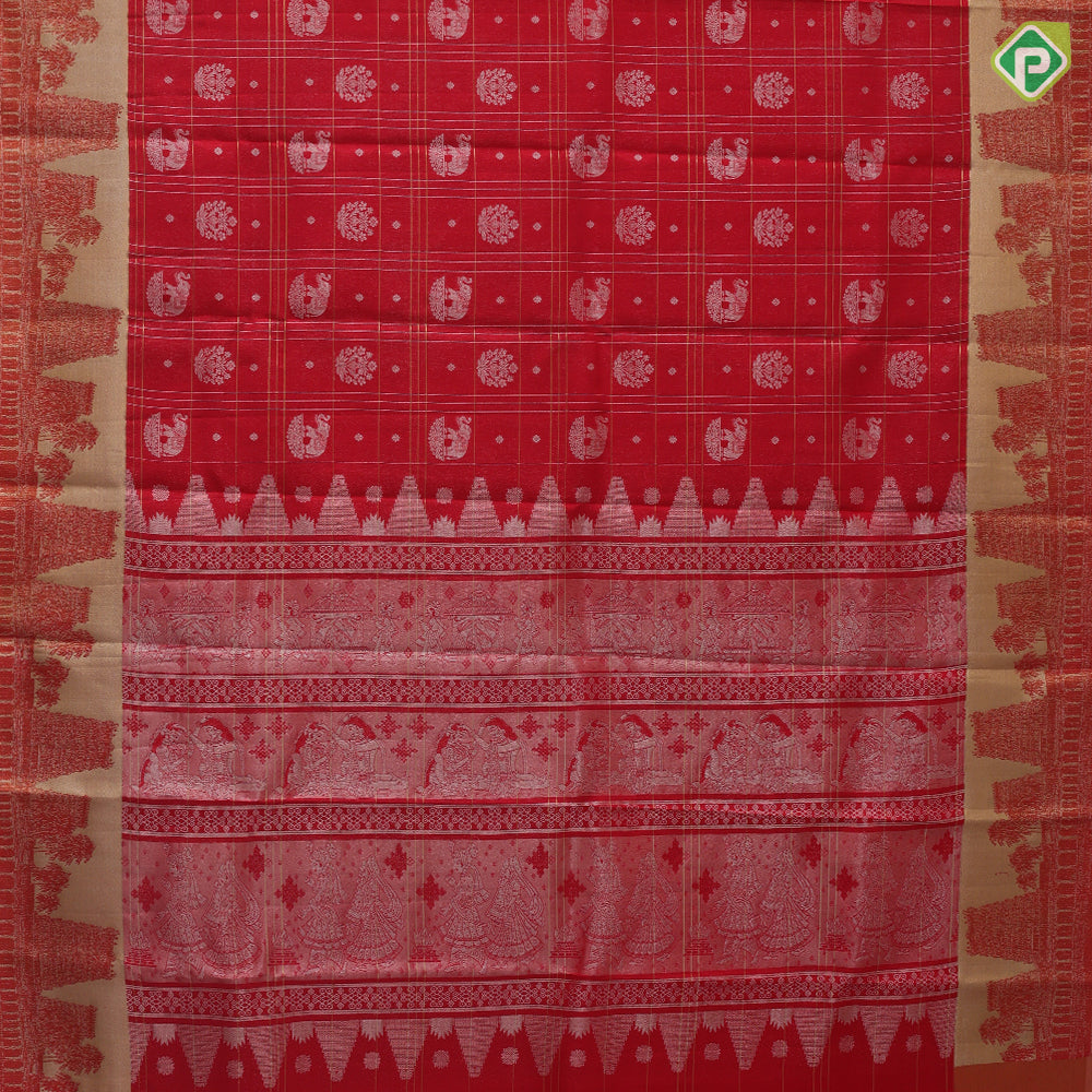 Tomato Red Silver Zari Elephant Flower Checked Design Self Colour Gold Zari Temple Border Design Traditional Silk Saree