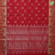 Tomato Red Silver Zari Elephant Flower Checked Design Self Colour Gold Zari Temple Border Design Traditional Silk Saree