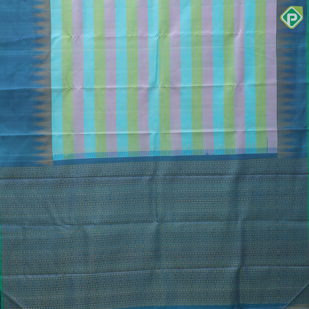 Multi color Lines self designed checked design Peacock blue gold zari temple green edge border silk saree