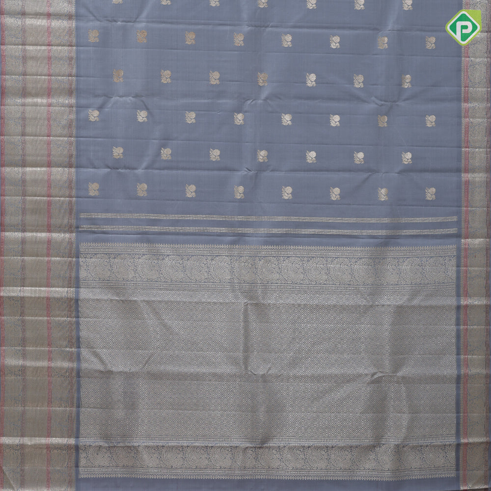 Steel grey silver gold zari Annam butta design self silver gold zari multi lines meena work border traditional Navratri silk saree