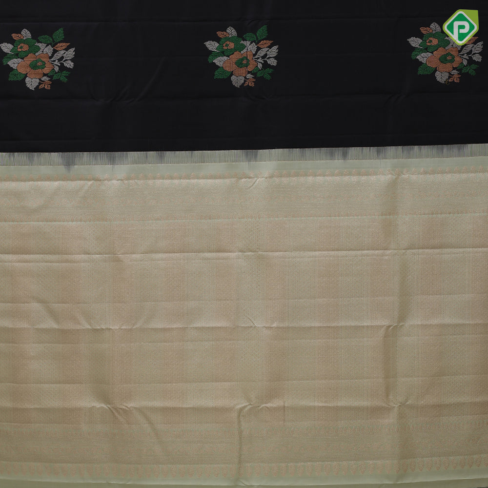 Luxury black with multi color zari flower bunch butta design borderless luxury black silk saree
