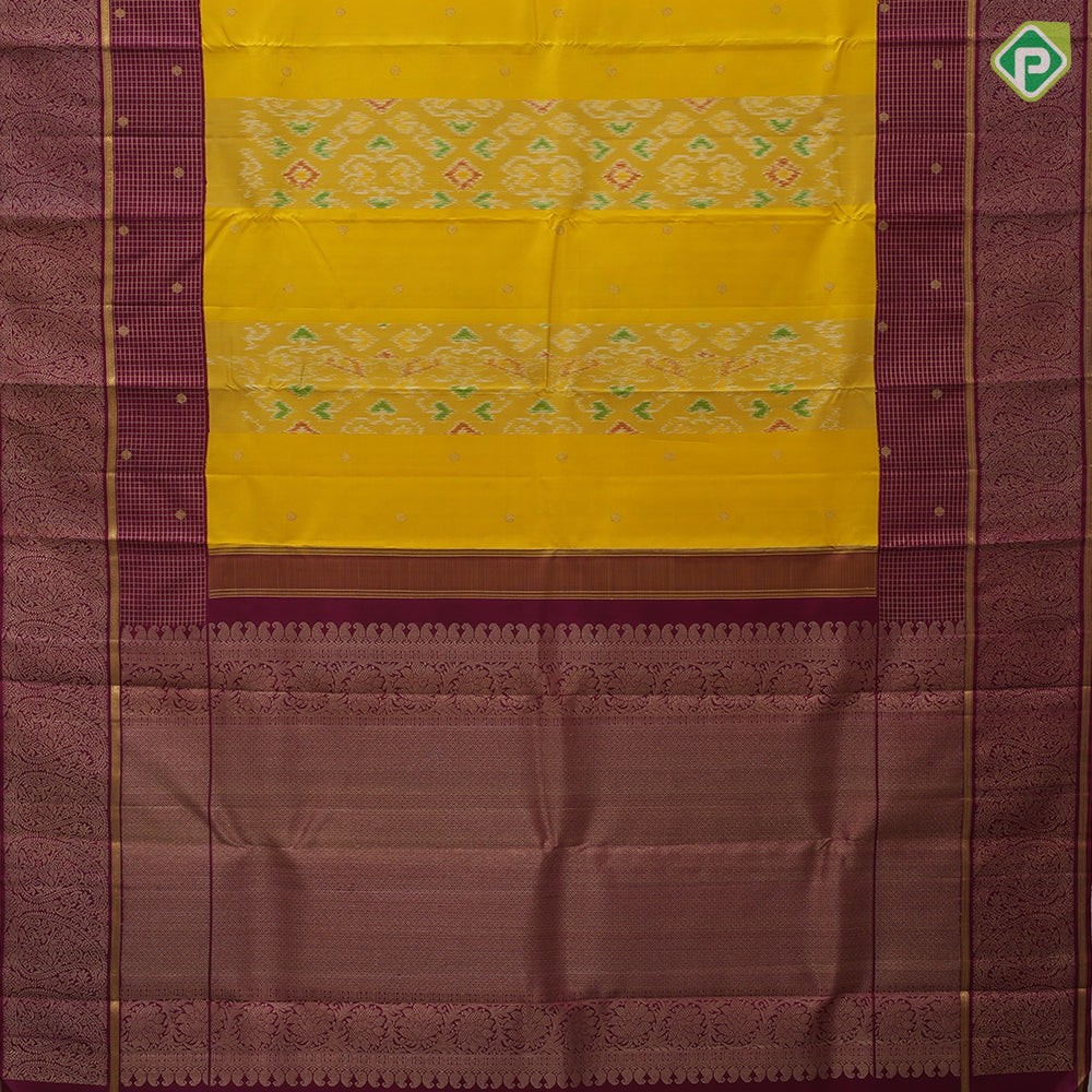 Mango yellow gold zari round butta ikkat design maroon gold zari multi concept design border ikkat silk saree