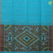 Turquoise blue gold zari fancy flower stripes self gold zari border ikkat style pallu linen soft silk saree