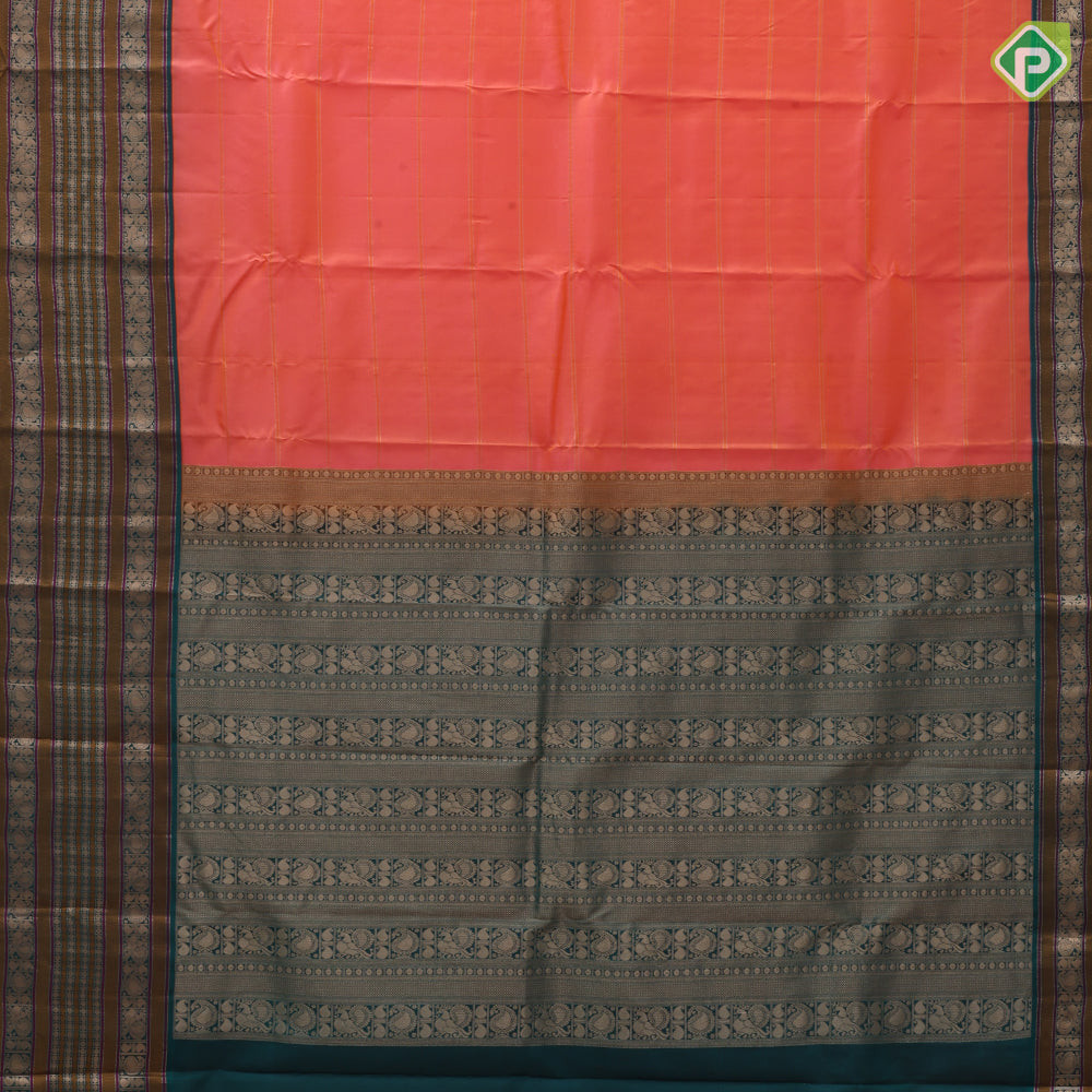 peach orange gold zari padded thread lines bottle green gold zari meena work lines border traditional silk saree