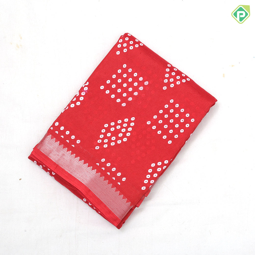 Light color base white dots grouped shapes design self silver zari border fancy chiffon sarees