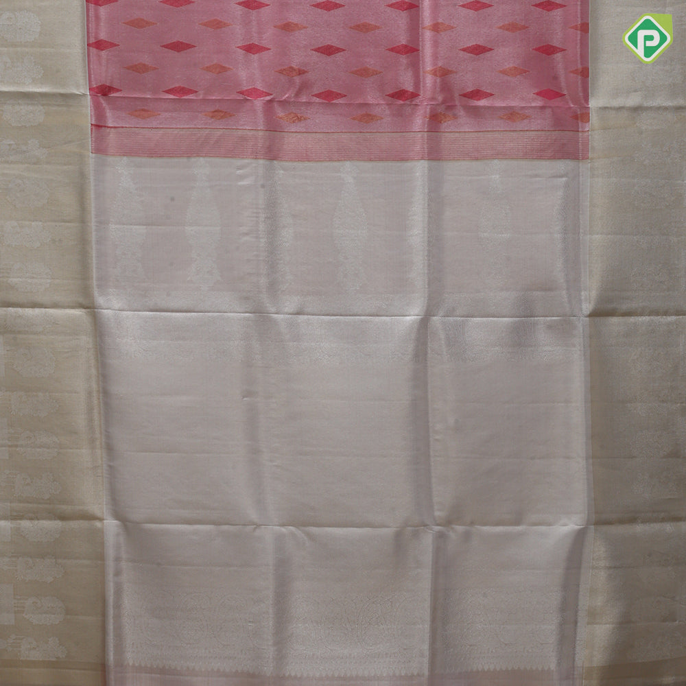 Powder pink dual tone zari and tread diamond butta goldish grey self fancy design border grand tissue silk saree