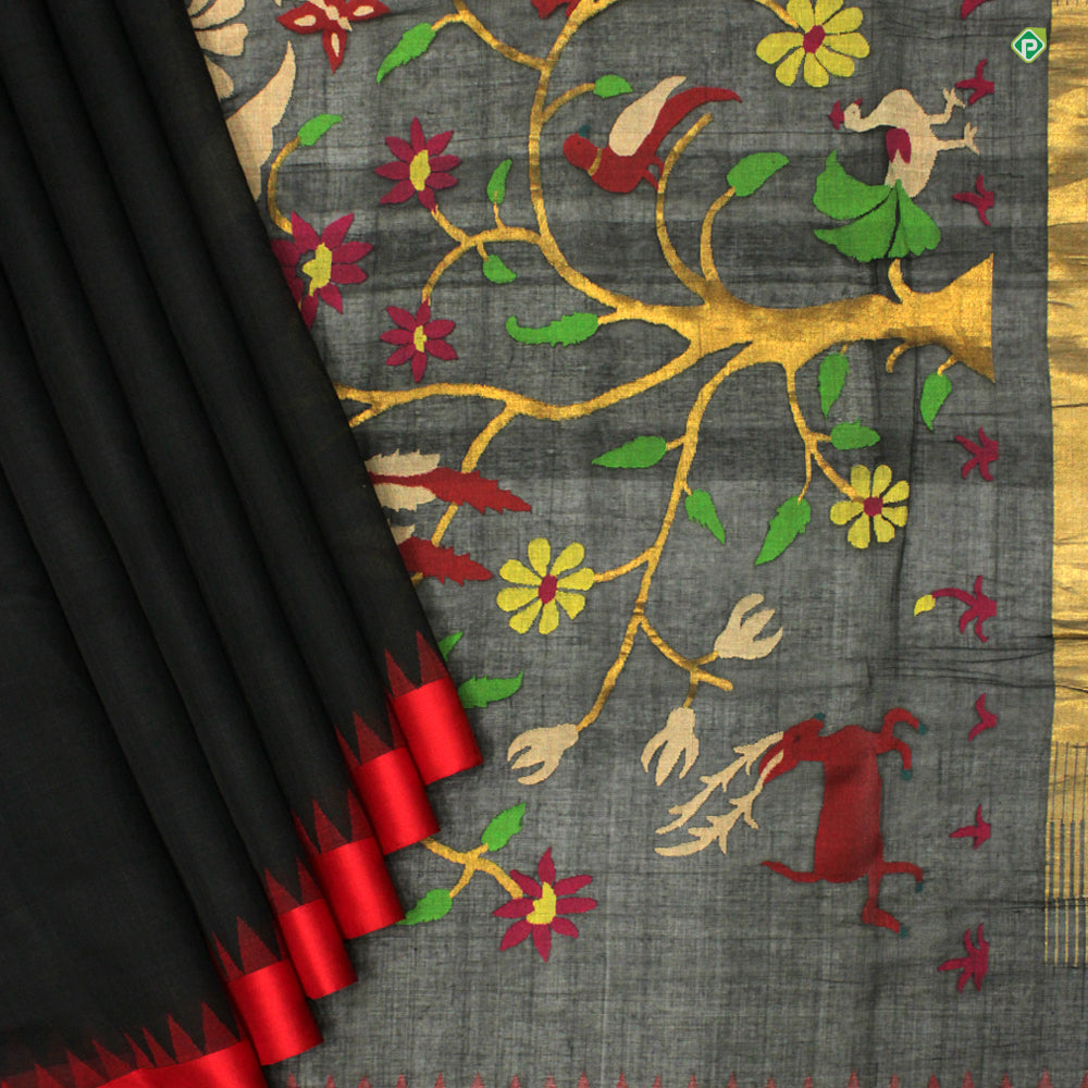 Black With Chilly Red Grand Paithani Zari Work Motifs Linen Silks Saree