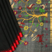 Black With Chilly Red Grand Paithani Zari Work Motifs Linen Silks Saree