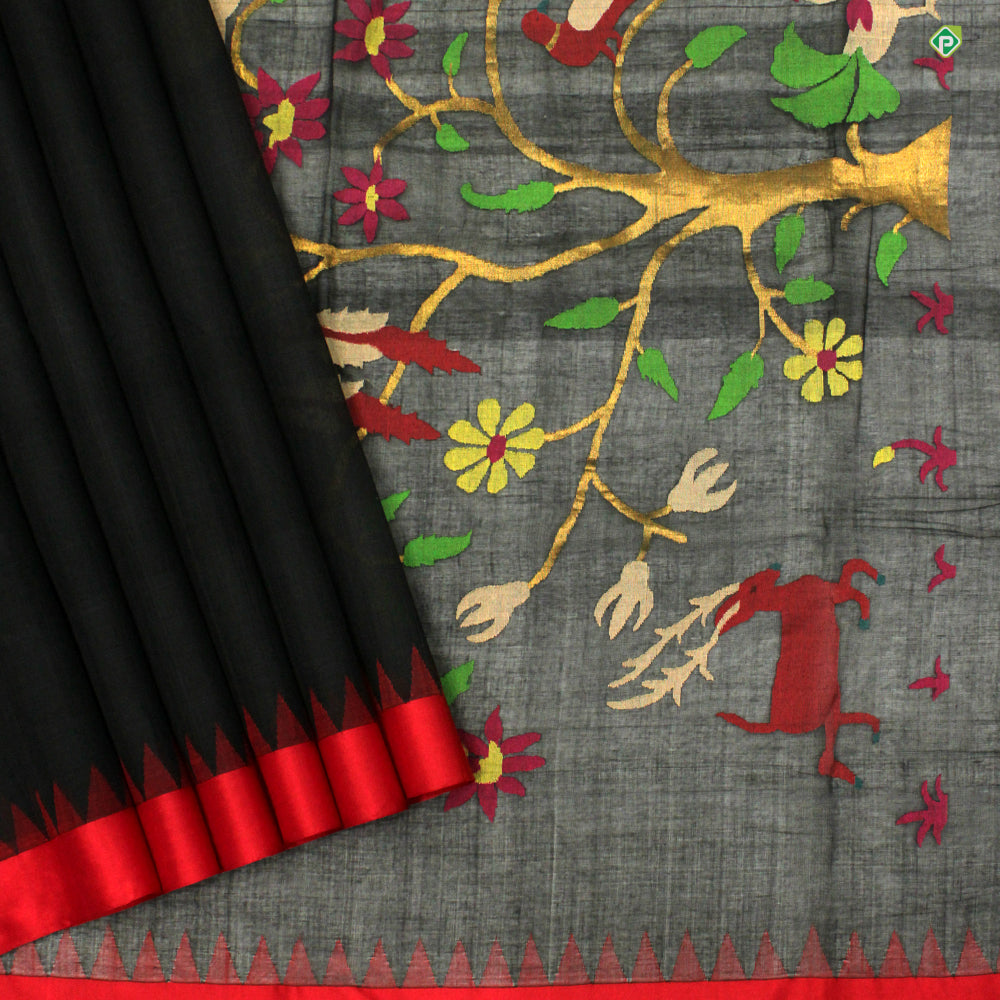 Black With Chilly Red Grand Paithani Zari Work Motifs Linen Silks Saree