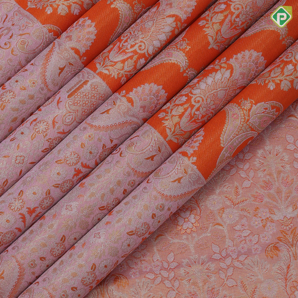 Fanta Orange Gold Zari Flower And Mango Floral Design Baby Pink Floral Border Design Wedding Silk Saree