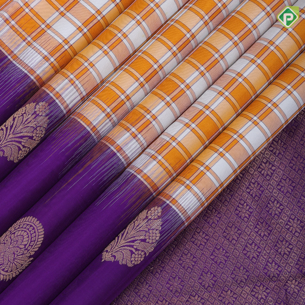 Honey orange white Chennai checks design purple blue gold zari fancy butta border soft silk saree