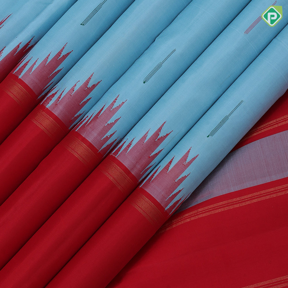 Ice blue multi color rain drops butta design Ganga jamuna temple retta paatai border traditional silk saree
