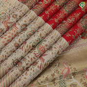 senduram red gold zari grand thilagam meena work design cream multi color peacock and garden fancy border bridal tissue silk saree