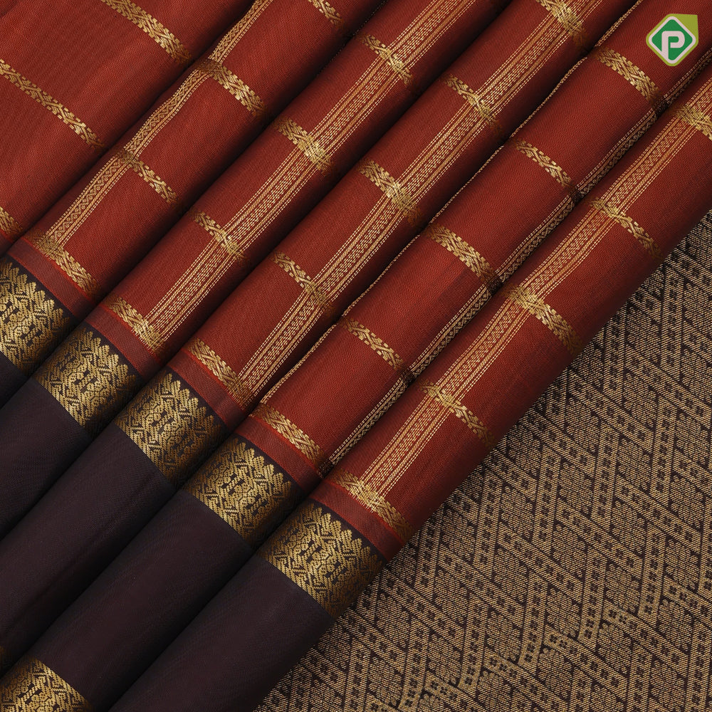 Rust orange gold zari checked window panel brown gold zari retta pattai border pure mix silk saree