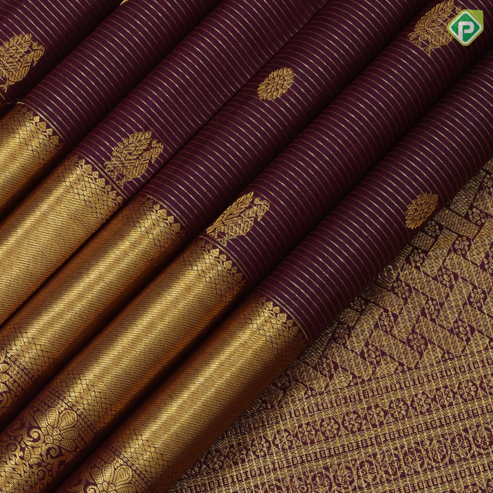 Purple gold zari vairaoosi and peacock rudraksham motifs self gold zari floral design border traditional silk saree