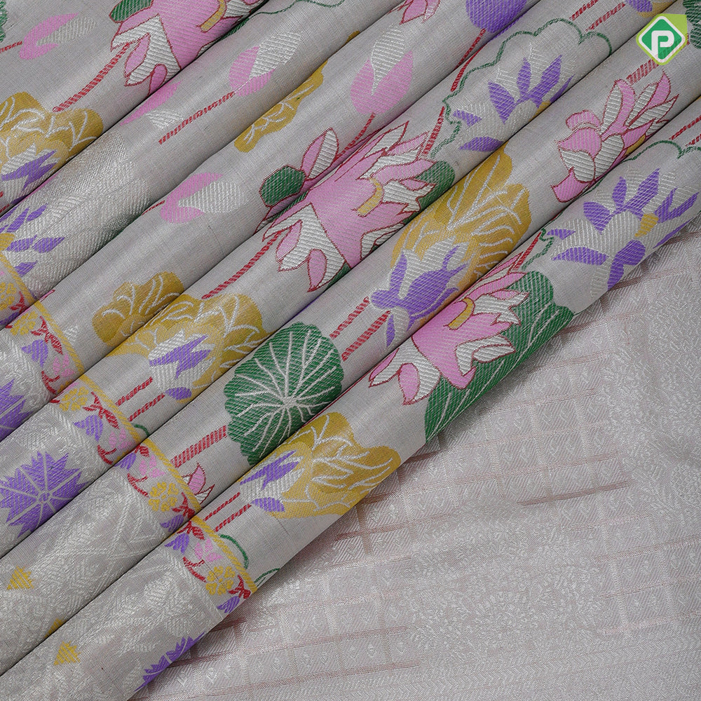 Silver zari by zari meena work design self zari by zari weaved pythonic border exclusive signature silk saree