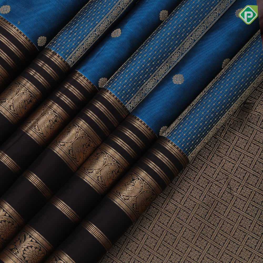 Deep sky blue gold zari design bars and butta contrast brown gold zari multi lines border traditional silk saree