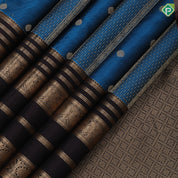 Deep sky blue gold zari design bars and butta contrast brown gold zari multi lines border traditional silk saree