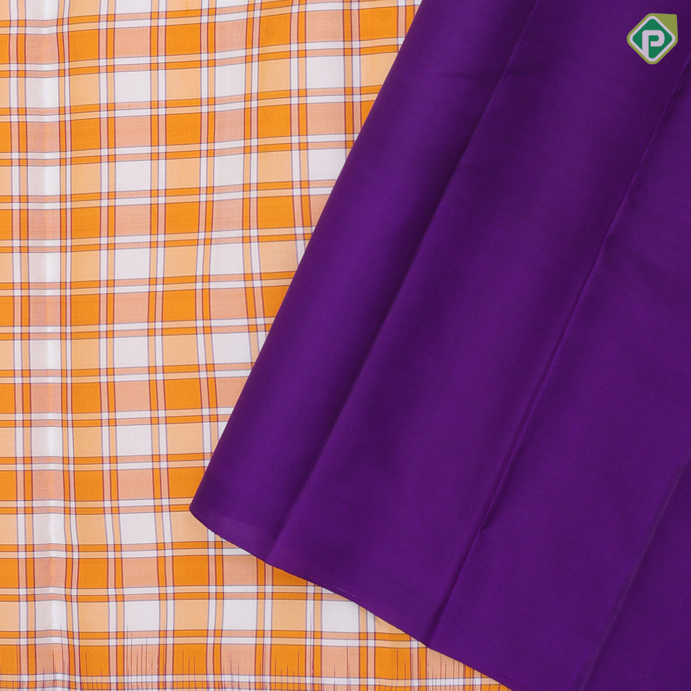 Honey orange white Chennai checks design purple blue gold zari fancy butta border soft silk saree