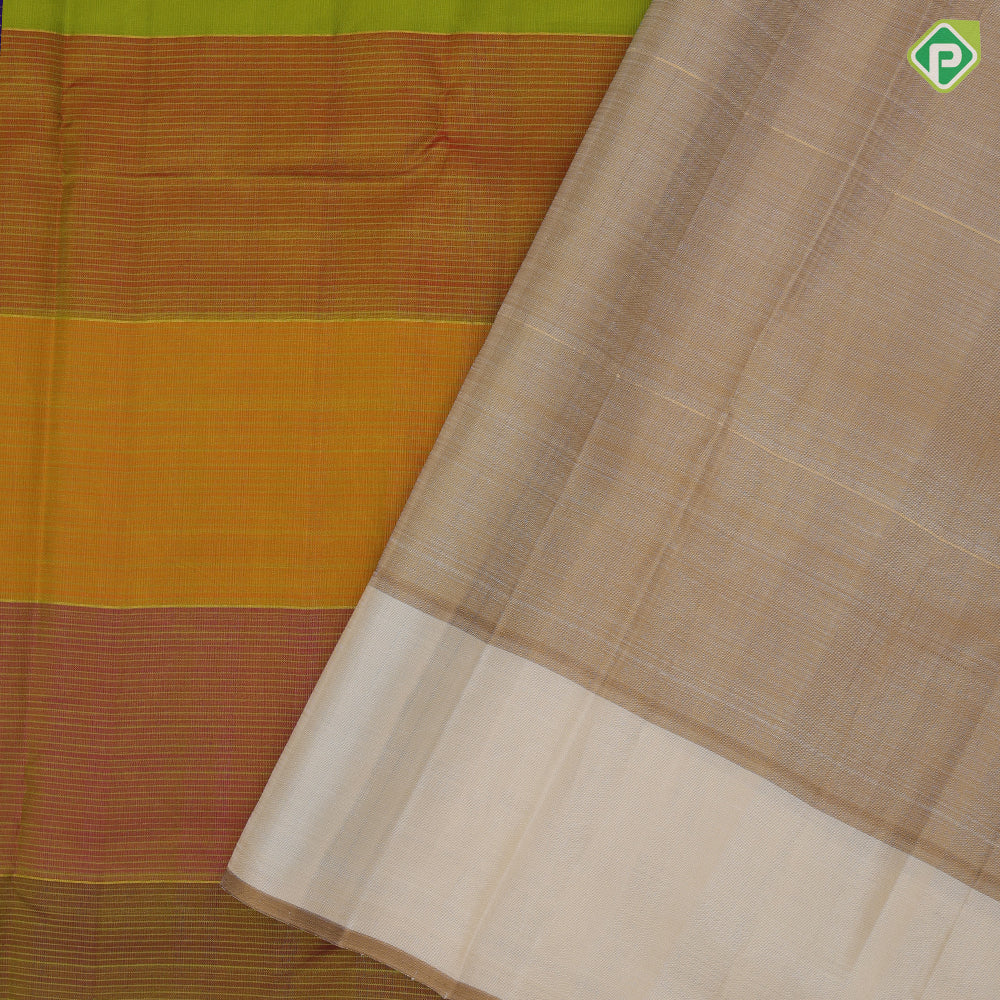 Multi color self-weaved half and half design cream white plain thazampoo border contemporary silk saree